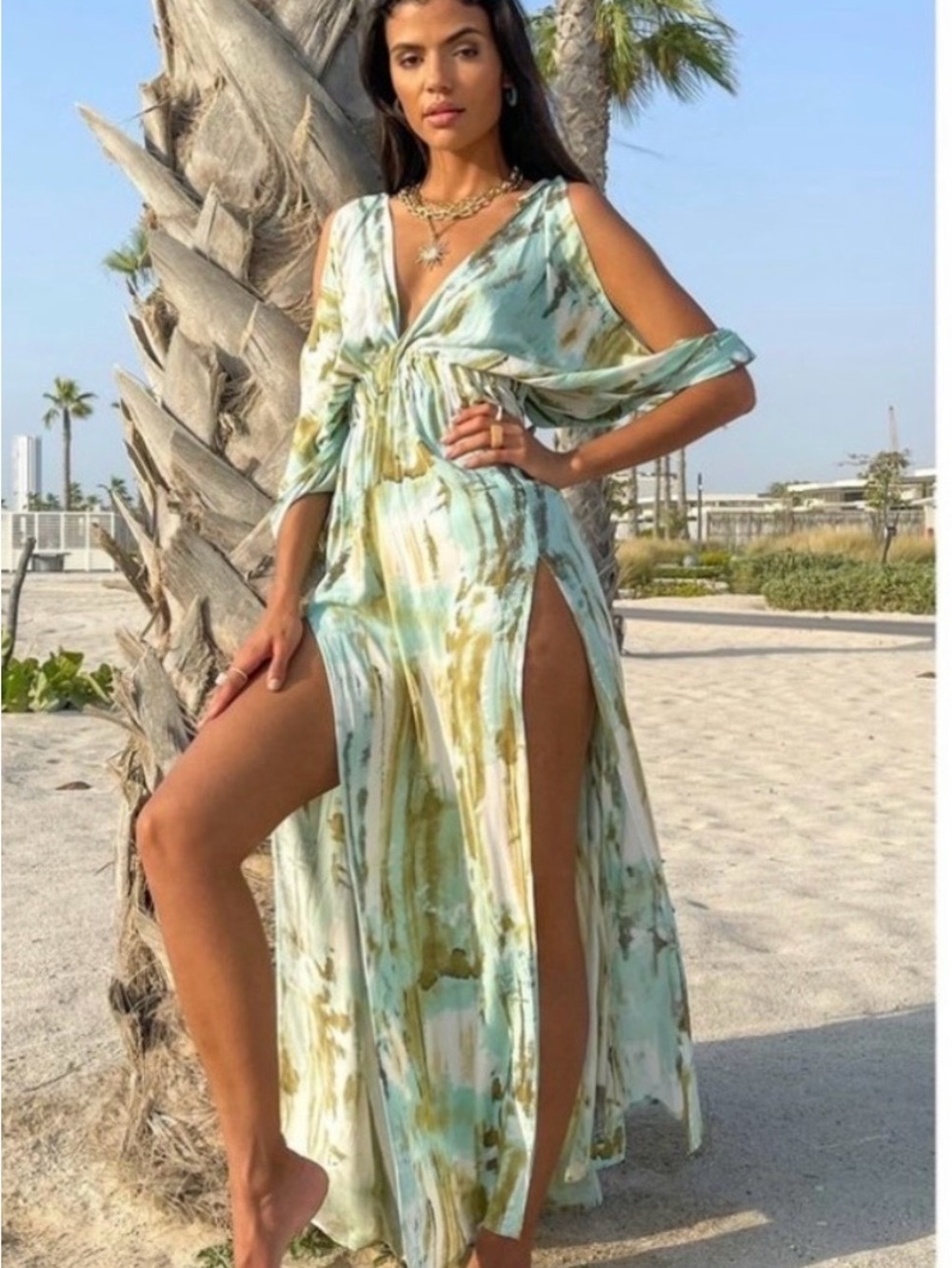 Luxxel Aqua & Olive Tie-Dye Cold-Shoulder Maxi Dress with High Slits
